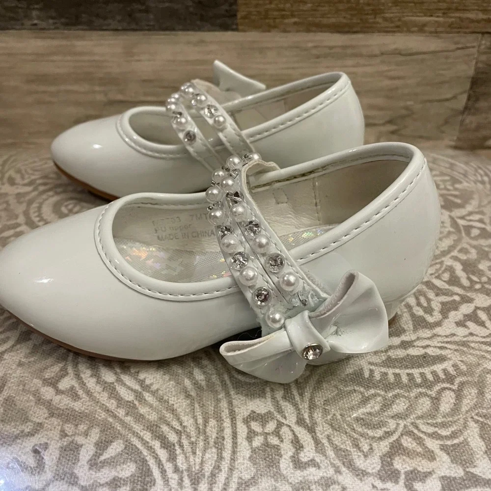 White Pearl Rhinestone Mary Jane Dress Shoes Bow‎ Toddler Girl Formal Party sz 7